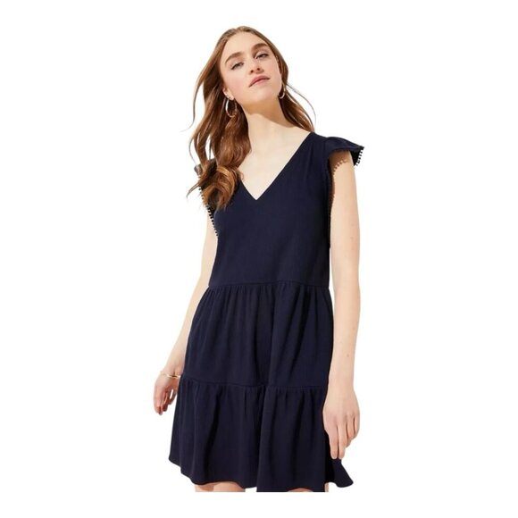 Loft Petite Lacy Tiered Flutter Dress Navy XL Petite Lightweight V-Neck Sundress - Picture 1 of 8